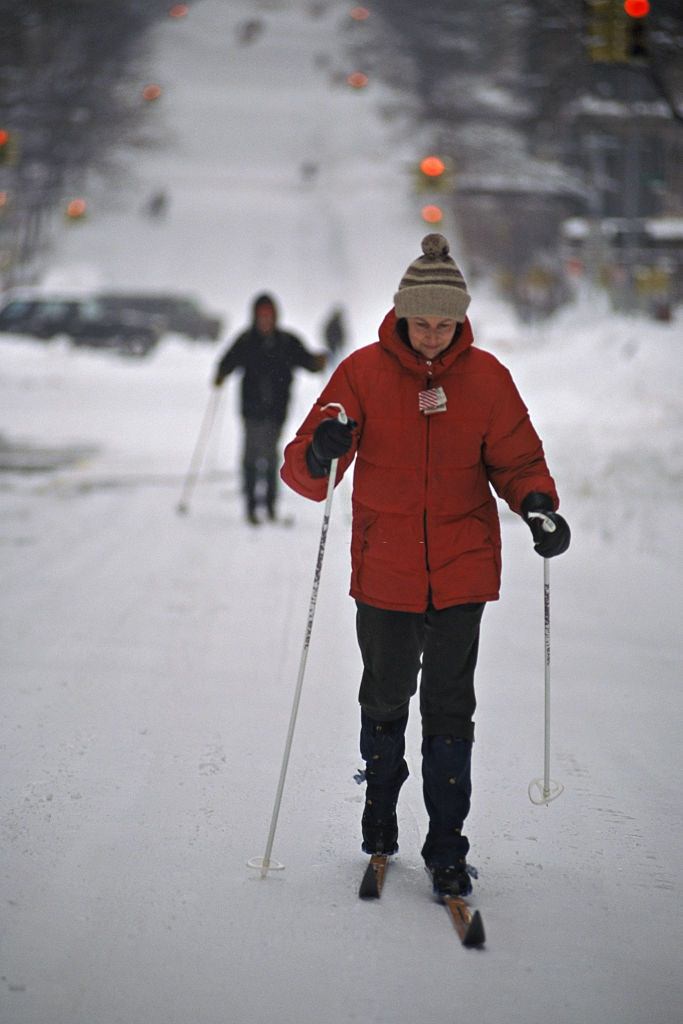 Cross Country Skiing In Manhattan During Blizzard. Skiers In New York City During The Blizzard Of 1996.