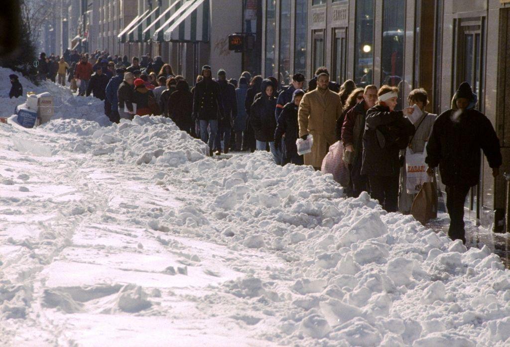 Sidewalk Space Is Scarce As Snow Covers Most Of The Road On Fifth Ave. After A Blizzard, 1996