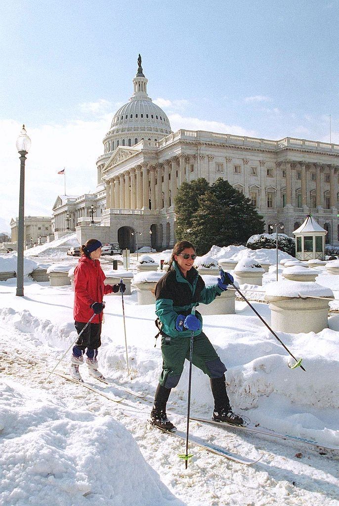 Jennifer Pitt (Right) And Ann Crystal Make Their Way Past The U.s. Capitol On Skis, 1996