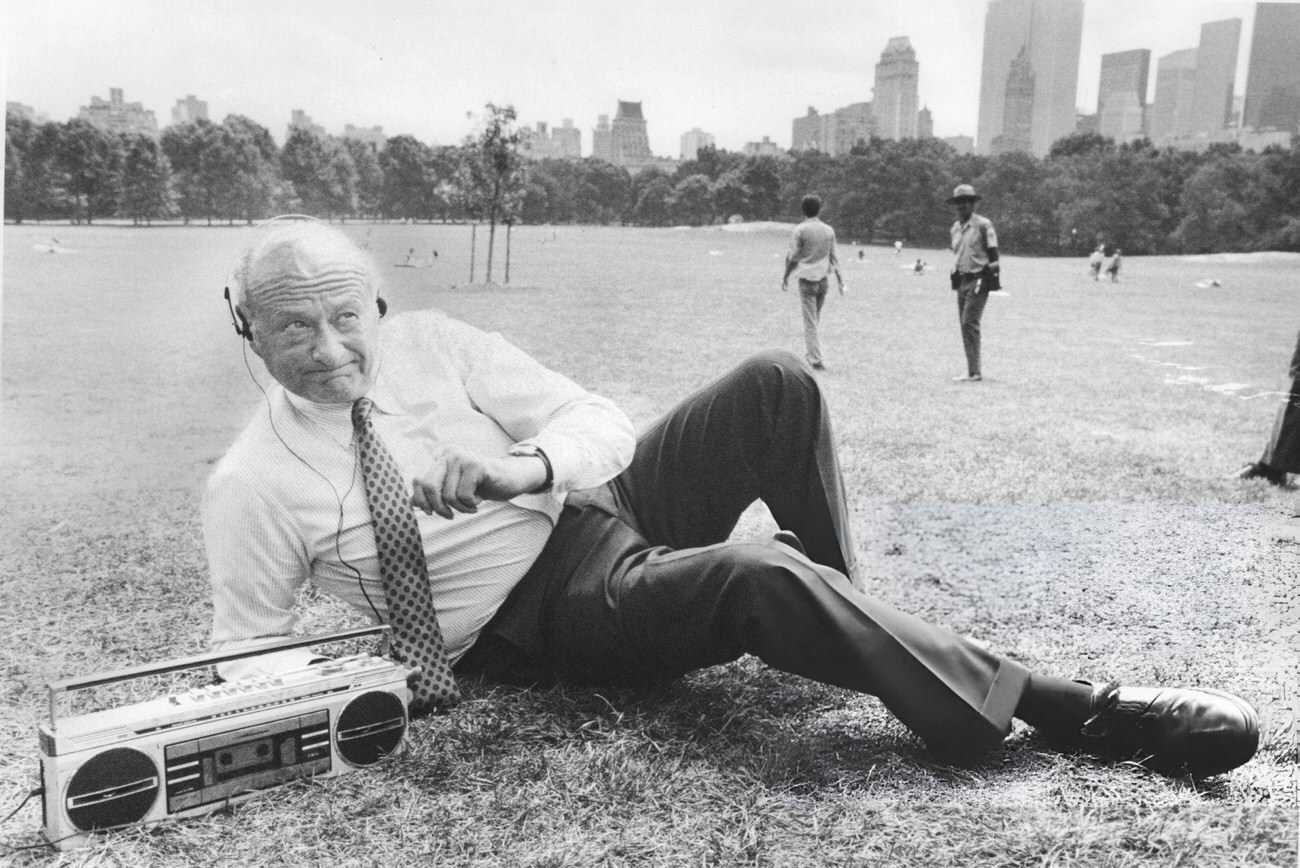 New York City Mayor Ed Koch Demonstrates The Proper Manner In Which To Listen To A Boom Box Outdoors, 1985.