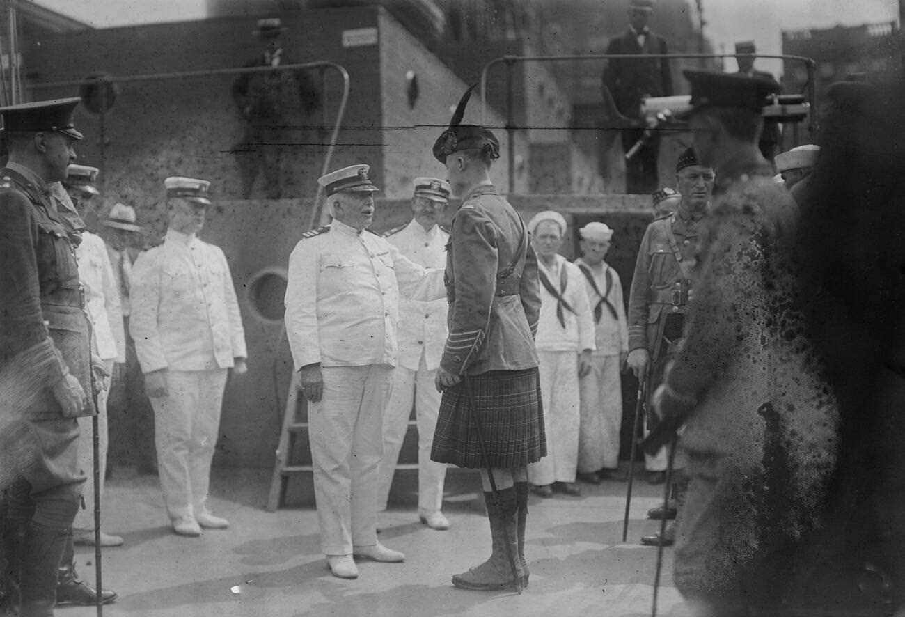 Captain Charles Albert Adams Greeting Members Of The Canadian Highlander Regiments, (&Amp;Quot;Kilties&Amp;Quot;) Who Were In New York In July 1917 To Assist In Recruitment, 1917.