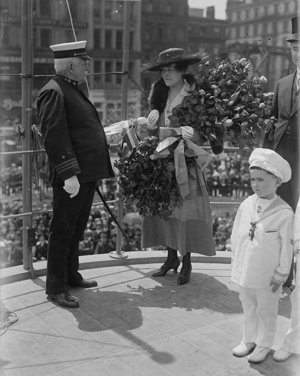 Captain Charles Albert Adams With Mrs. Olive Mitchel, Wife Of New York Mayor John Purroy Mitchel, And A Child, Jack Adams. The Photograph Was Taken On Memorial Day, 1917, The Day Of The &Amp;Quot;Launch&Amp;Quot; Of The Ship.