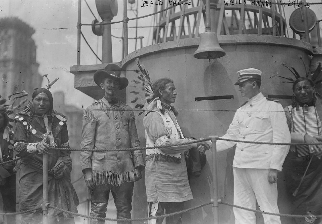 Native American 'Chief Bald Eagle' Shaking Hands With Lt. Wells Hawks, A Member Of The Navy'S Public Relations Team Aboard The Uss Recruit, 1917.