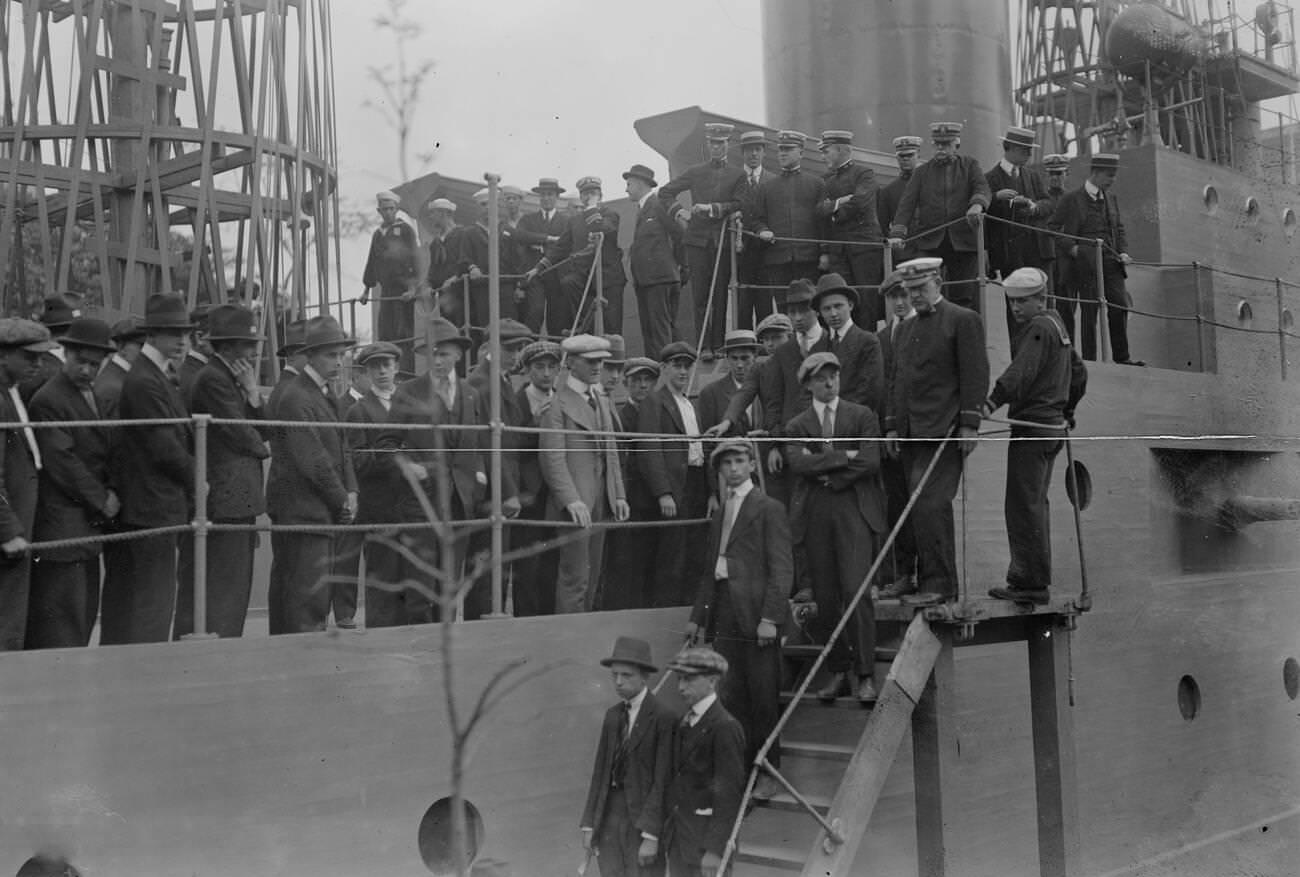 Navy Recruits Disembarking From The Uss Recruit, 1917.