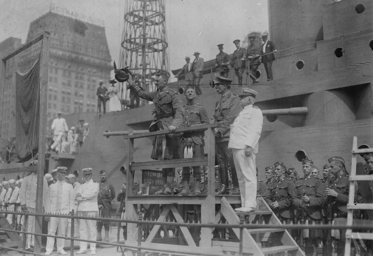 Colonel Percy Albert Guthrie, Leader Of The 236Th Canadian Infantry (The Maclean Highlanders), Speaking On The Uss Recruit, A Wooden Battleship Mockup Built In Union Square, New York City, 1917.