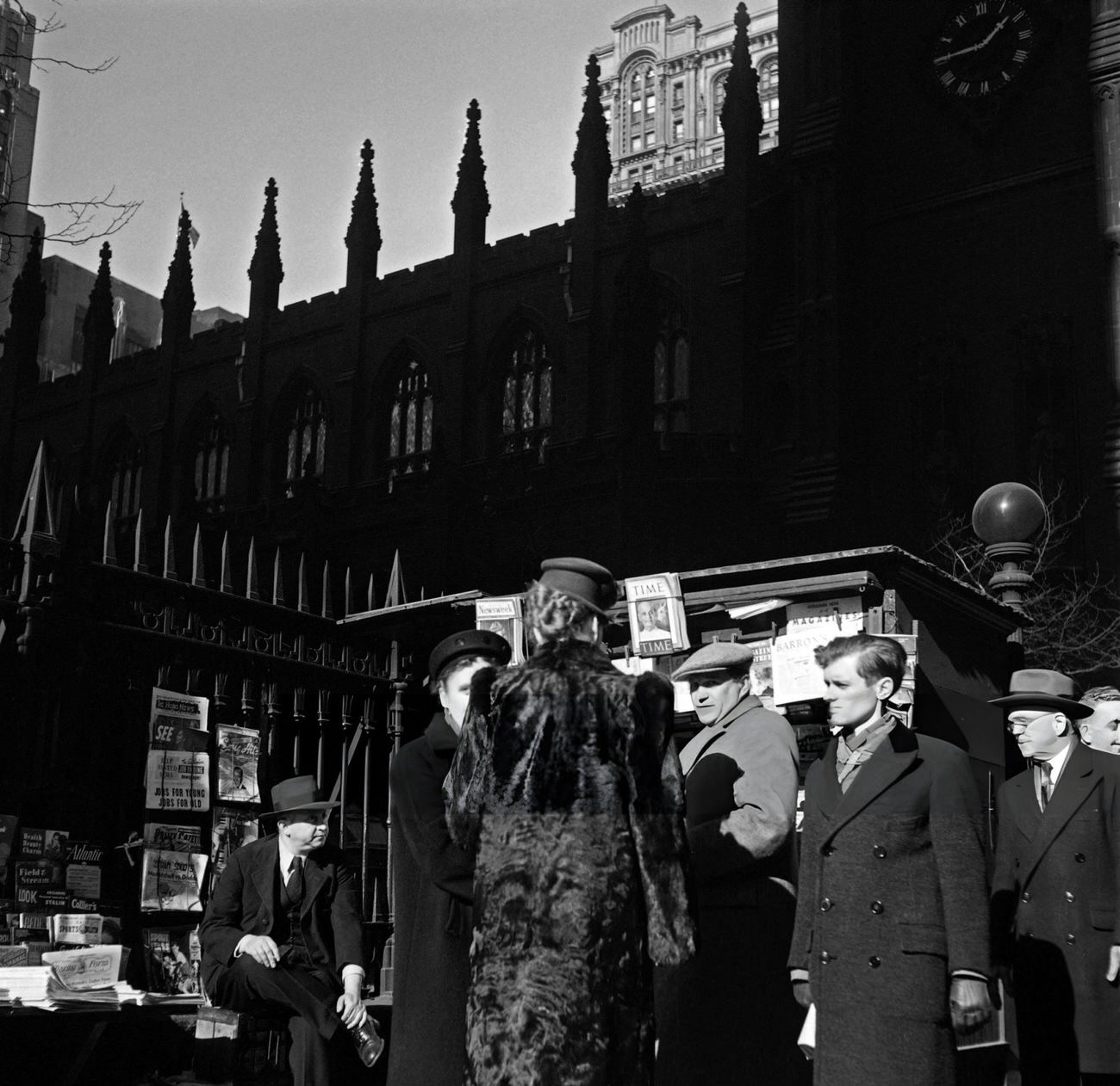 People Buy Newspapers At A Newsstand Near Trinity Church, 1947.