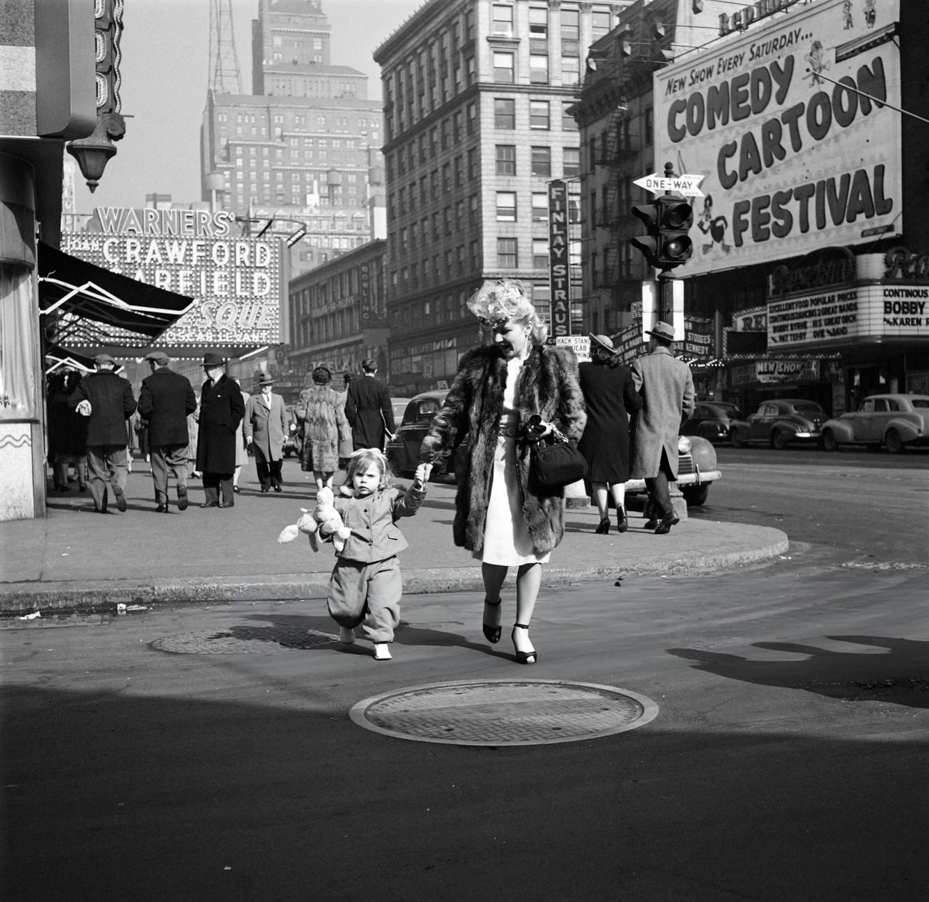 A Woman And A Child Cross 51St Street At The Corner With Broadway, 1947.