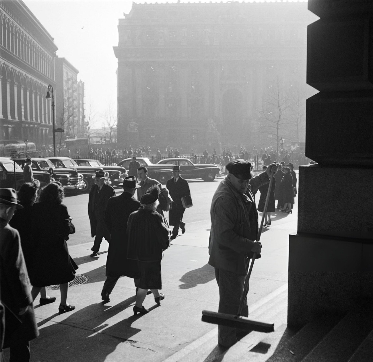 A Municipal Employee Sweeps The Steps Of The Cunard Building On Broadway, 1947.