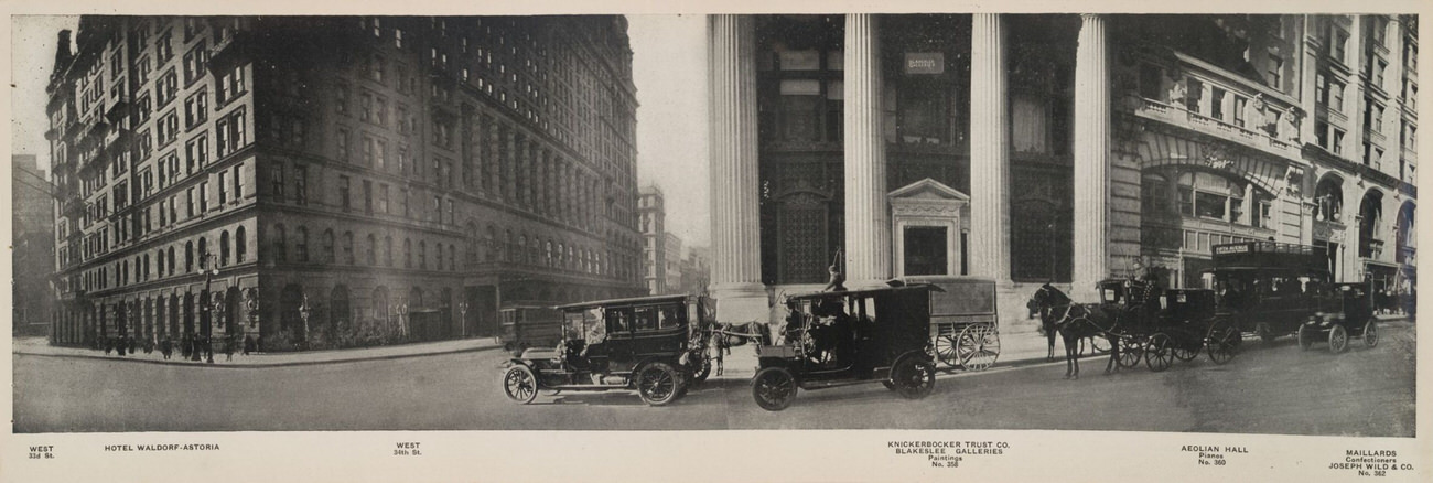 West 33Rd St. - Hotel Waldorf-Astoria - Knickerbocker Trust Co. - Aeolian Hall, Pianos - No. 362 Maillards, Confectioners.