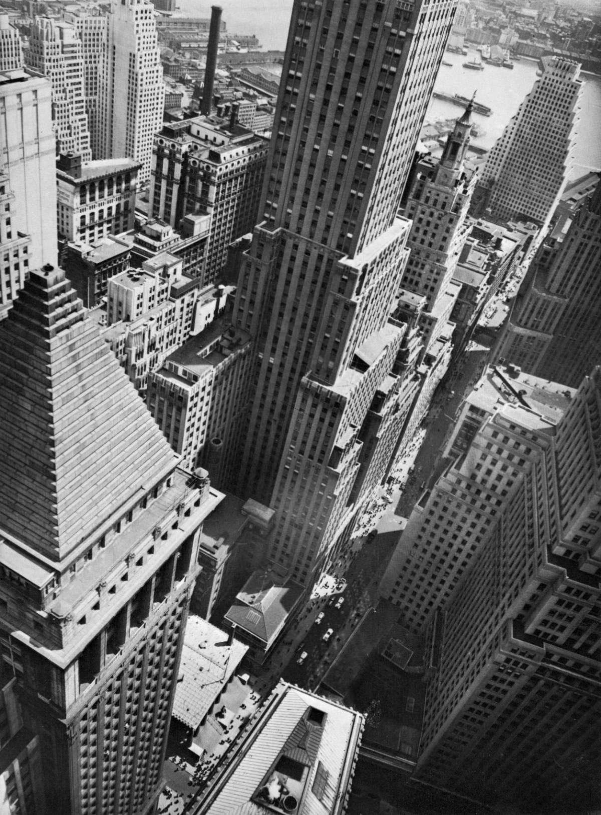 Wall Street Skyscrapers Looking East From Irving Trust Building, 1938.