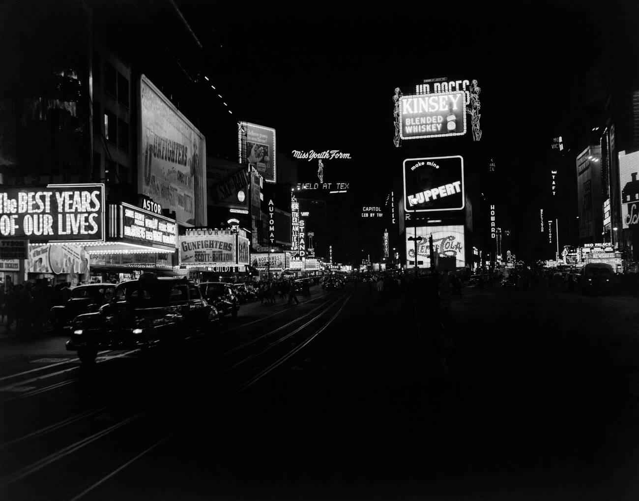 Times Square At Night On Broadway At 45Th Street, Manhattan, 1947.