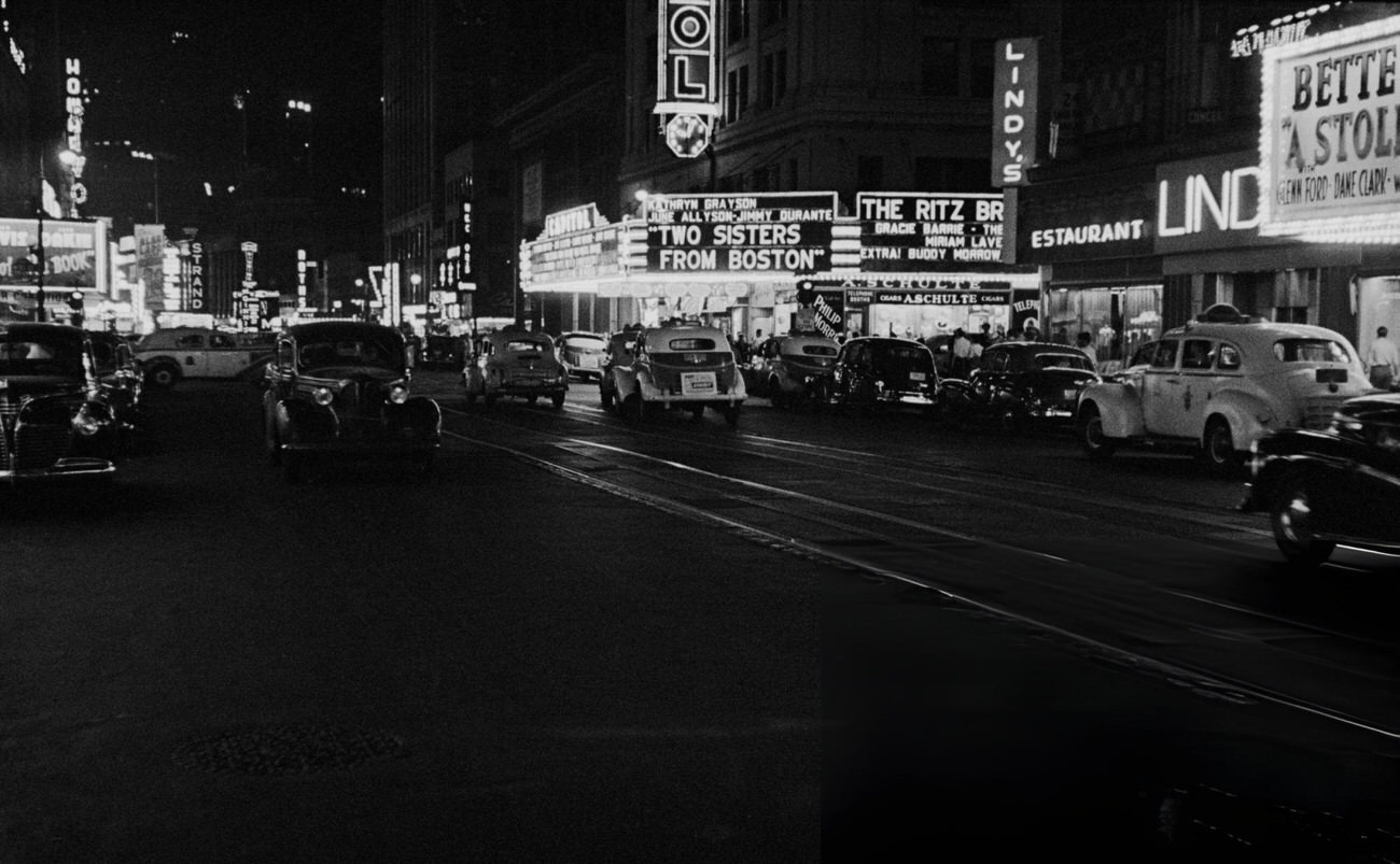 Cars And Taxis Passing The Capitol Theatre At 1645 Broadway At The Intersection With West 50Th Street Near Times Square, Midtown Manhattan, 1946.