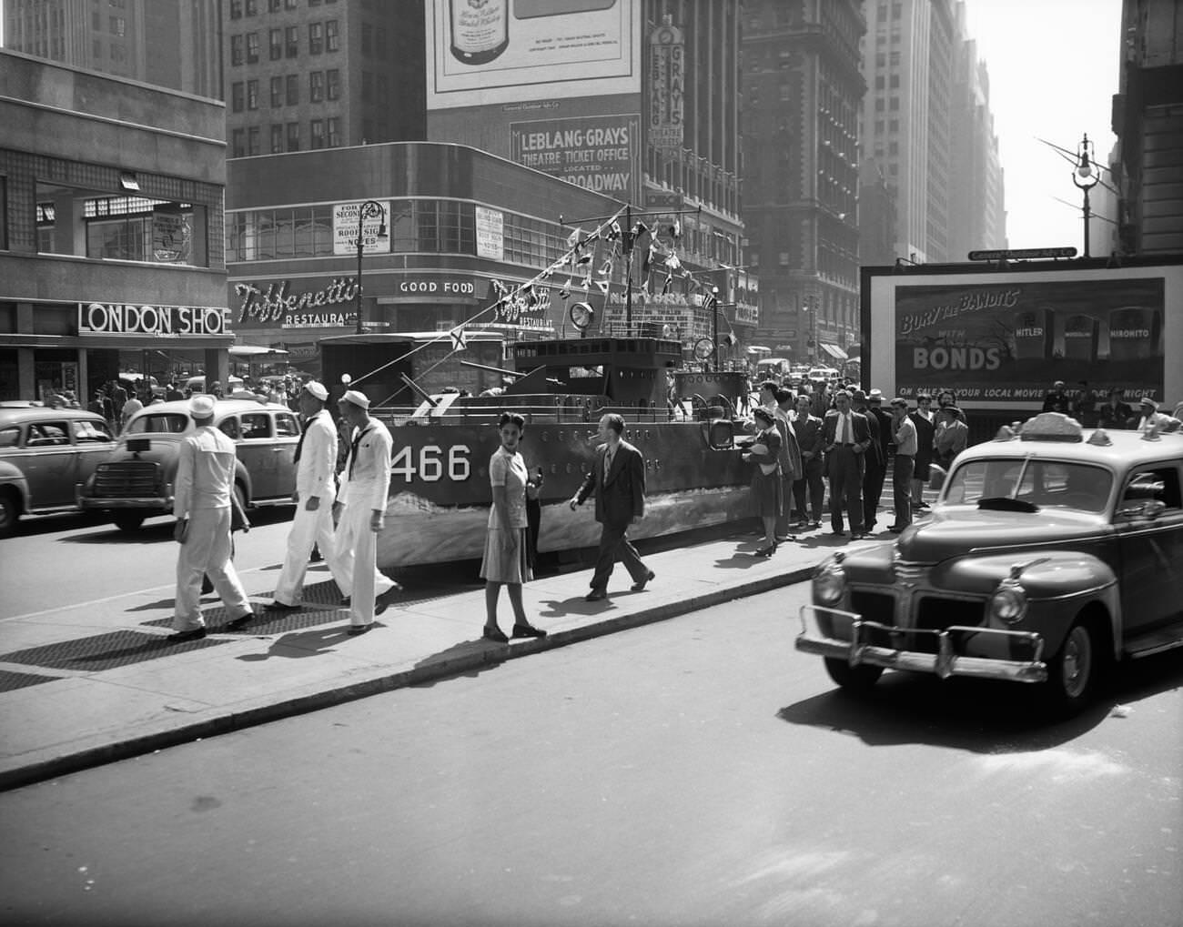 A Miniature Destroyer Acts As A Navy Recruiting Station In Times Square, New York City, 1942.