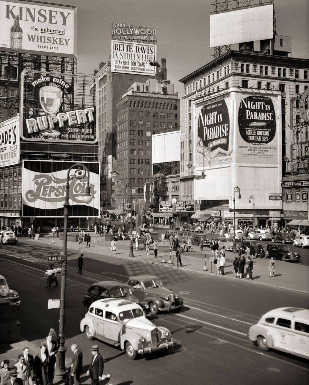 Duffy Square, Part Of Times Square, With Gaudy Signs For Beverages, Movies, Cars, And Taxis, Manhattan, 1940S