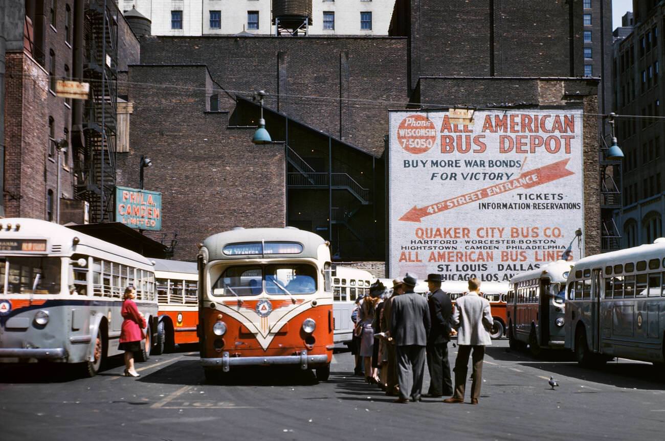 Buses And Passengers At The Times Square Terminal Of Public Service And All American Bus Lines, Manhattan, 1940S.