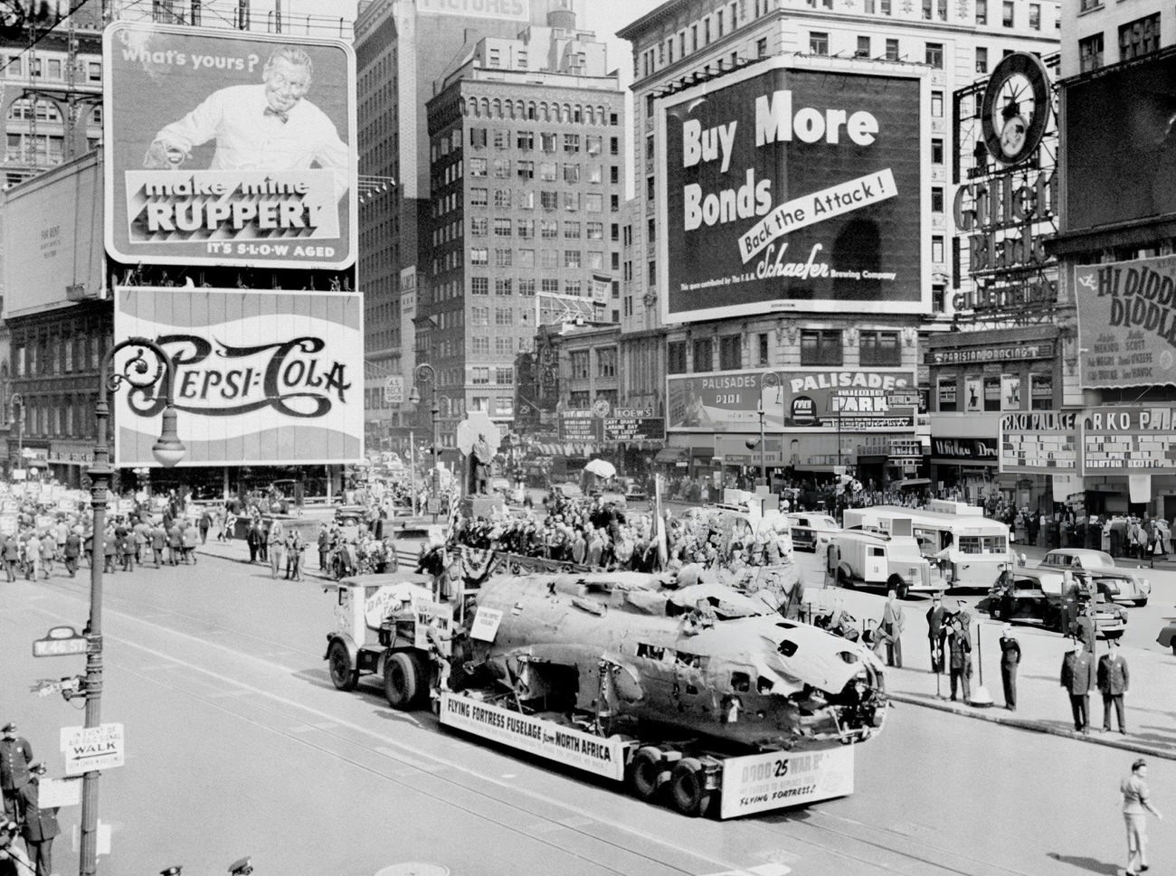 The Shattered Fuselage Of A Flying Fortress Paraded Through Times Square During New York'S &Amp;Quot;Back The Attack&Amp;Quot; Parade, 1944.