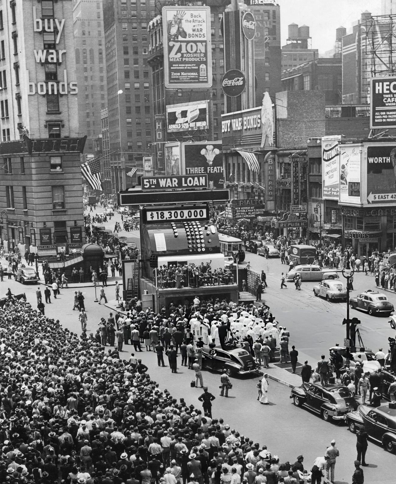 Times Square With A Crowd Gathered At A Giant Cash Register For The 5Th War Loan Drive, New York City, 1944.