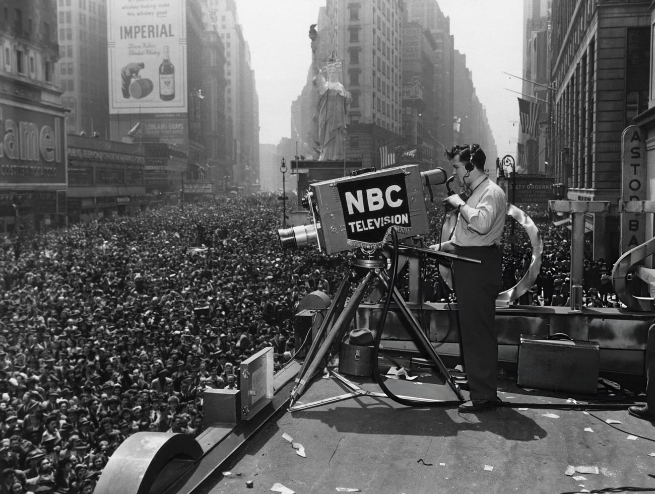 An Nbc Camera Crew Shooting On Location At Times Square, New York, 1945.