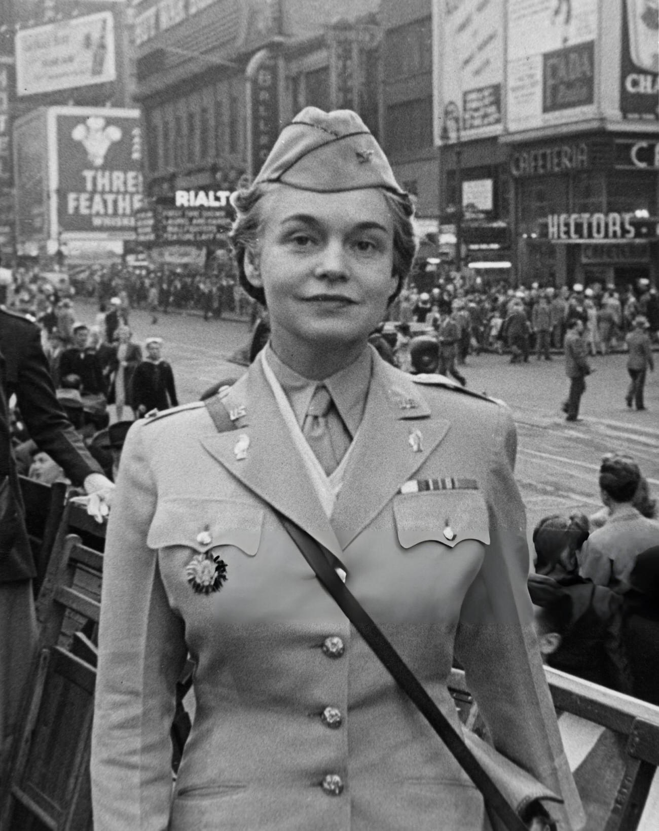 Colonel Oveta Culp Hobby, Commanding Officer Of The Women'S Army Corps, In Full Uniform On The Day Of The Third Anniversary Of The Wac, Times Square, Midtown Manhattan, 1945.