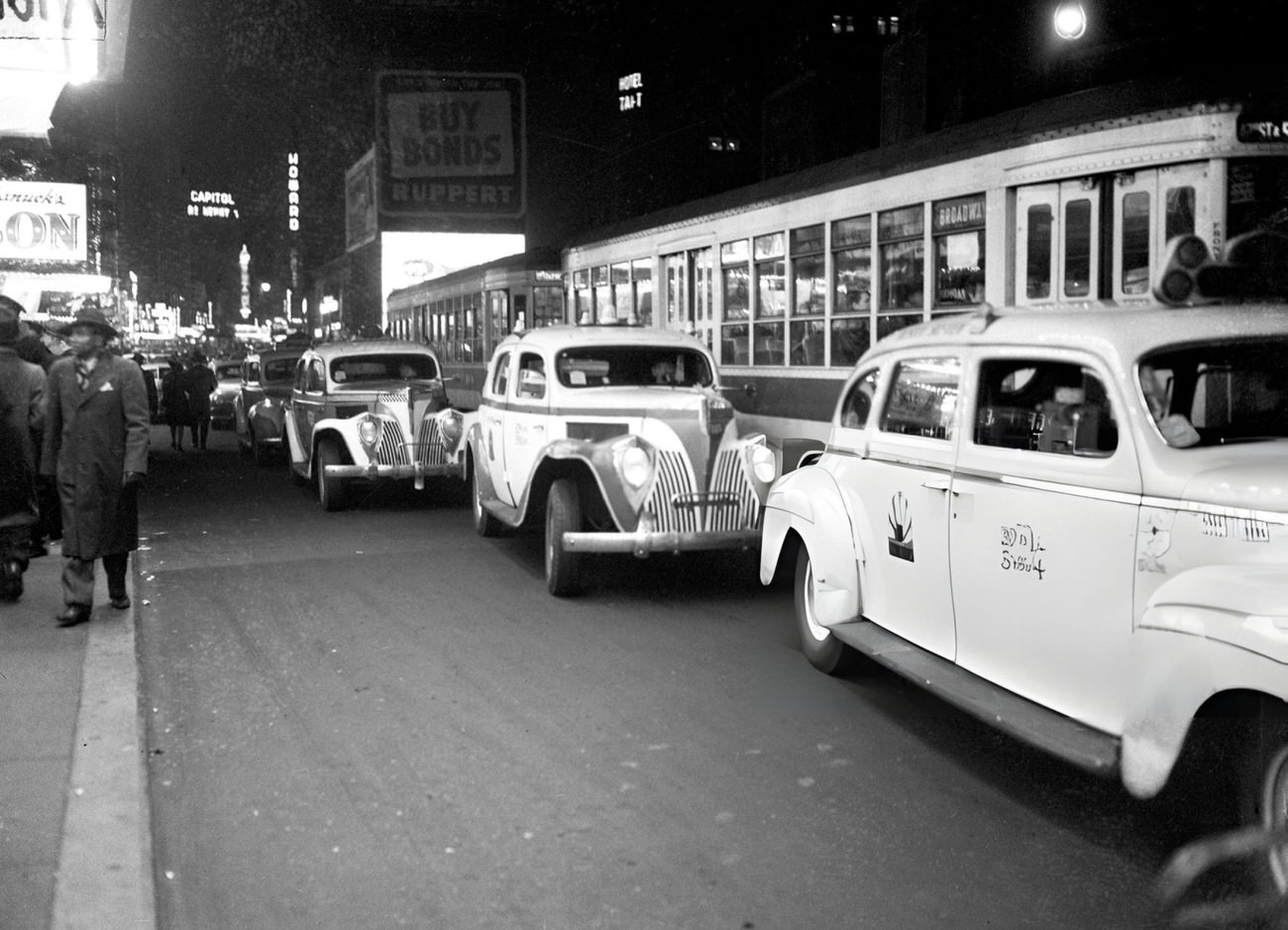 Taxis Outside Times Square Theaters At Night, 1945.