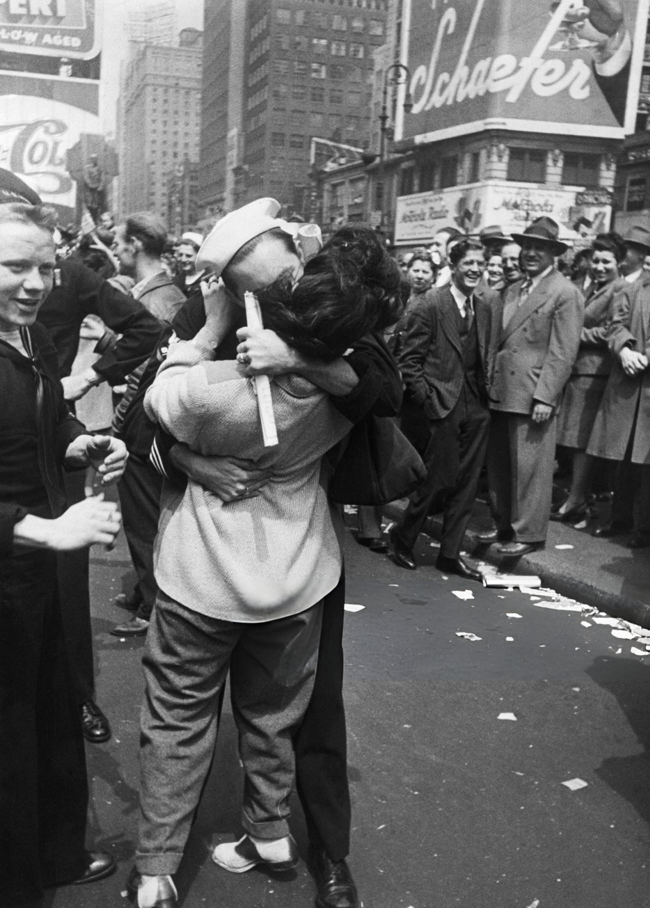 A Sailor Kisses A Woman On The Streets Of New York City In Celebration Of V-E Day, The Day Of The German Surrender To The Allied Forces In World War Ii, 1945.