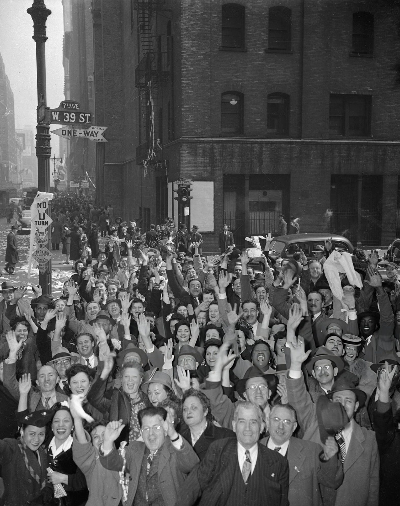 A V-E Day Celebration On 39Th Street And 7Th Avenue In New York City.