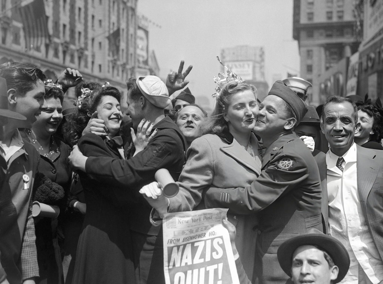 World War Ii Victory Day Showing Celebration With Newspaper Headline &Amp;Quot;Nazis Quit&Amp;Quot;, 1940S.