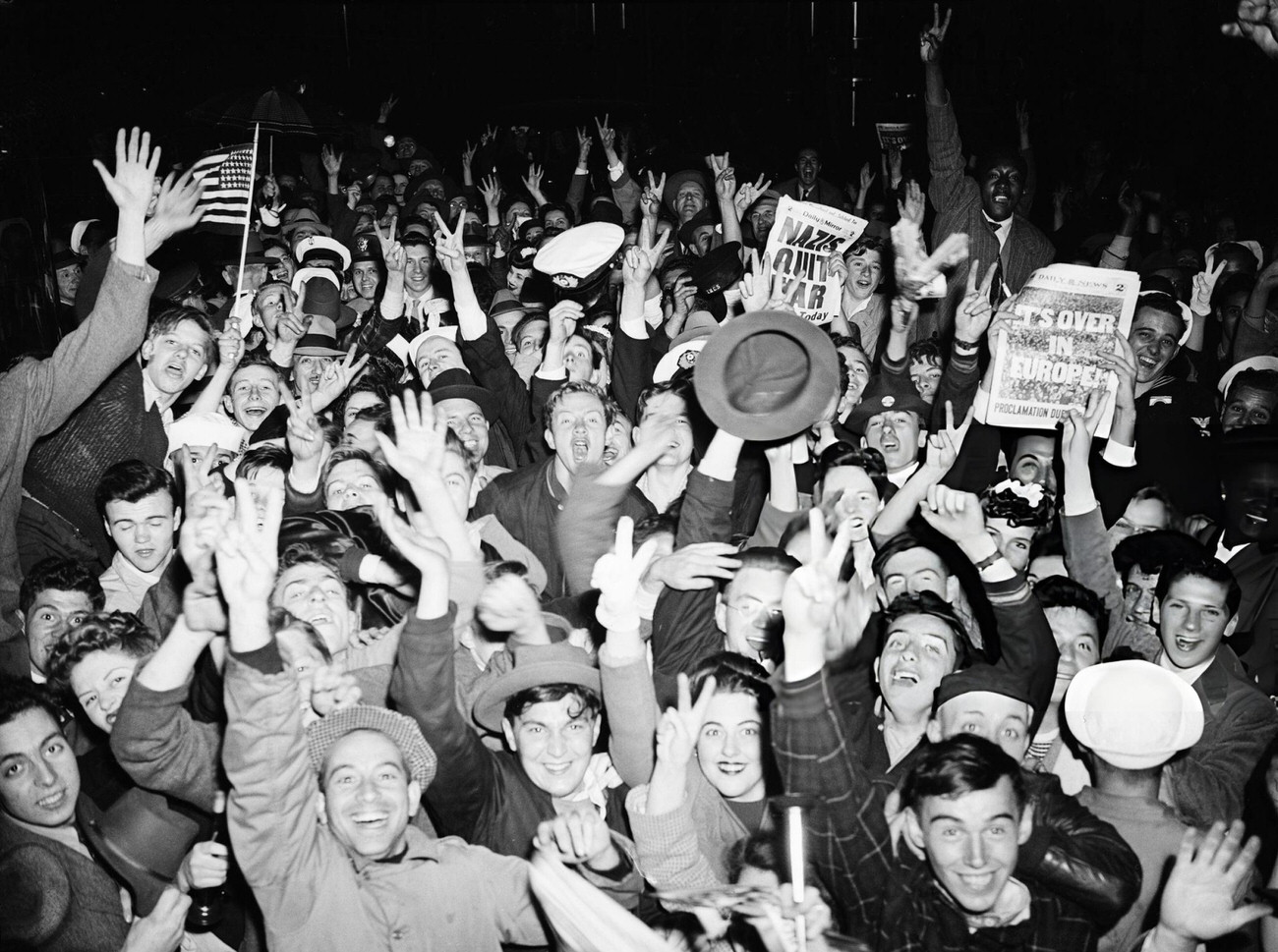 Crowds In New York Celebrate The End Of World War Ii In Europe On V-E Day, 1945.