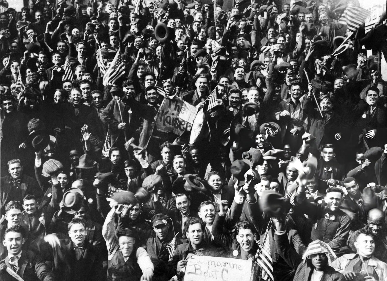 Cheering New York Shipyard Workers Celebrate The News Of The Armistice That Brought The War To An End, 1918.