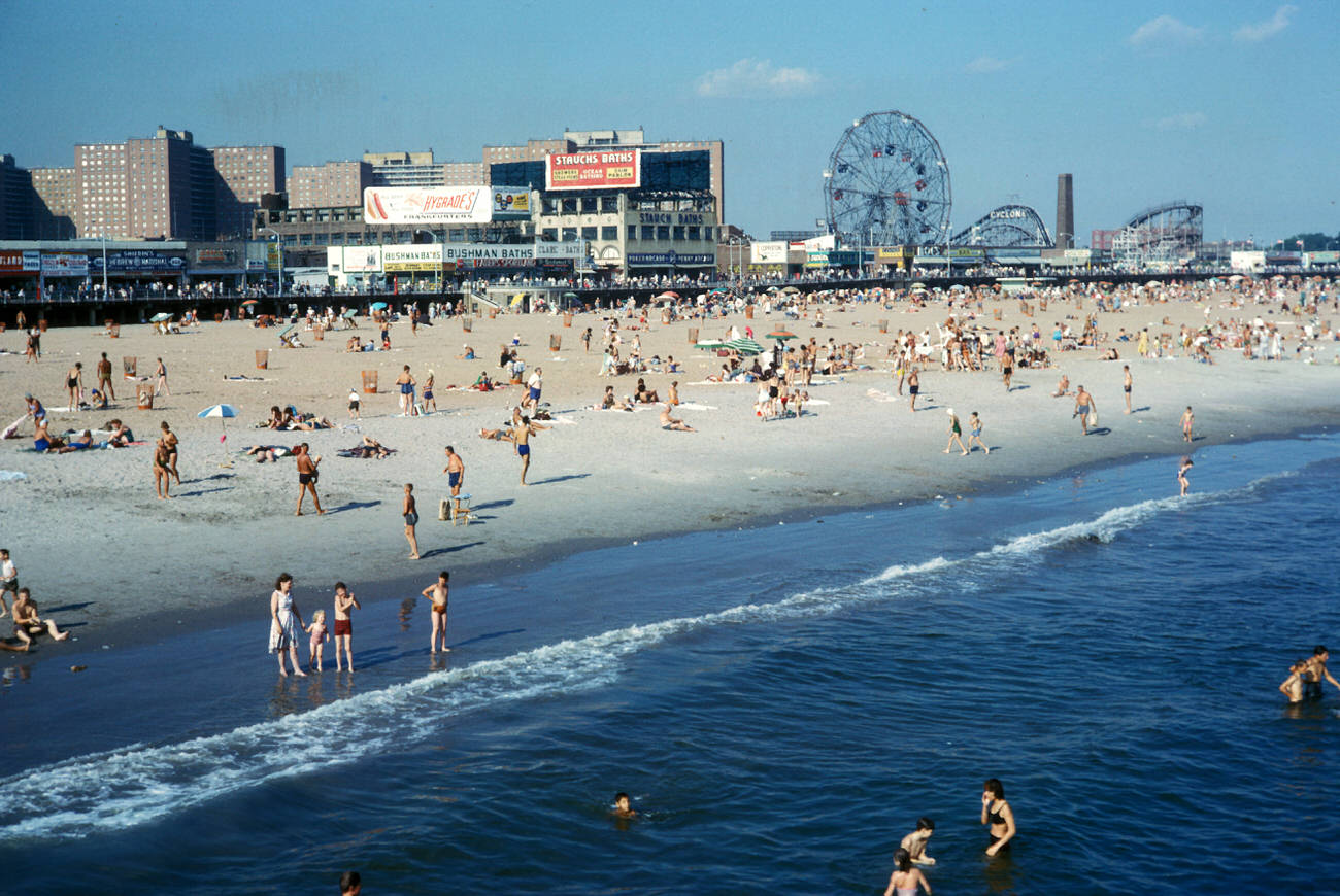 A View Of Coney Island Beach And Boardwalk Attractions, 1962.