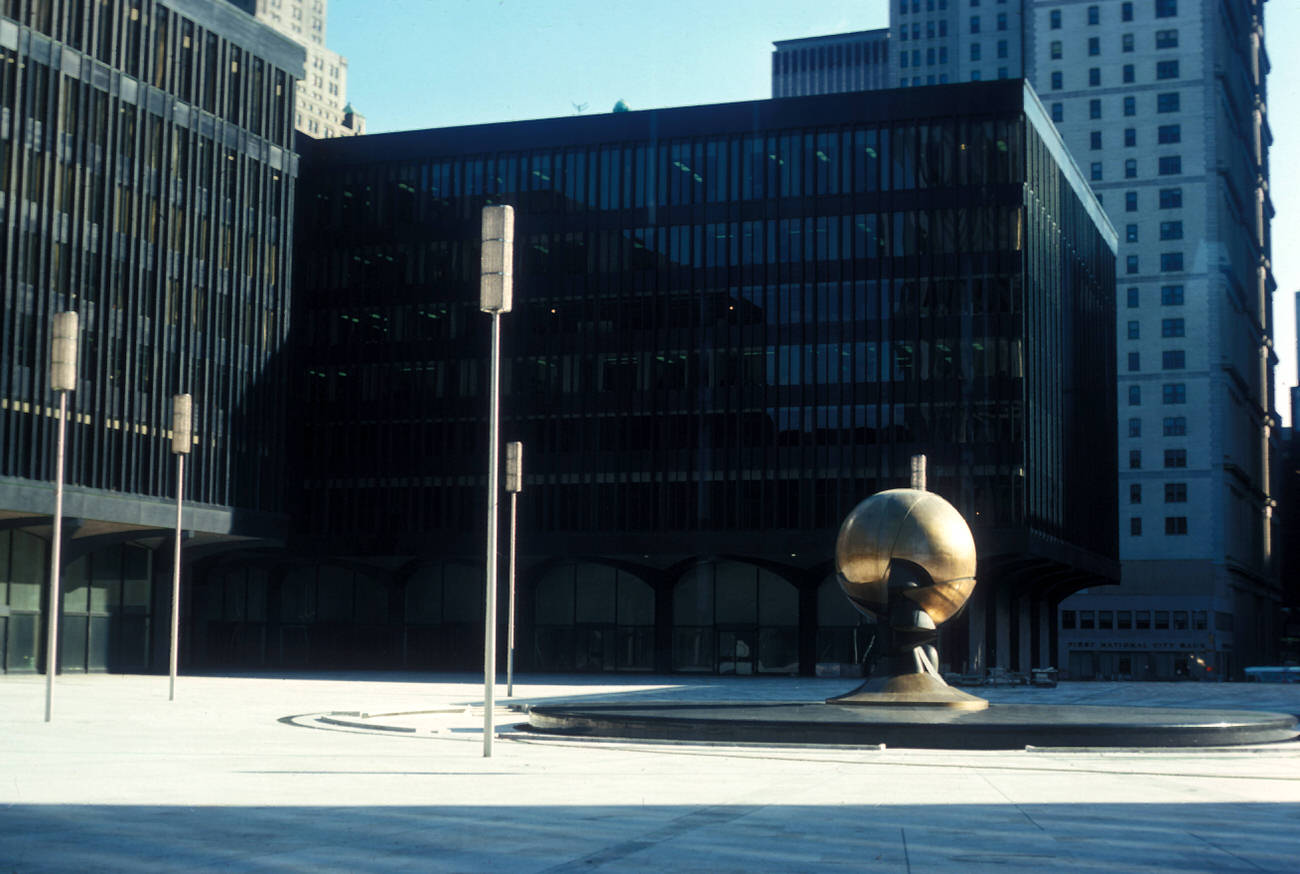 World Trade Center Plaza With The Sphere For Plaza Fountain Sculpture, 1975.