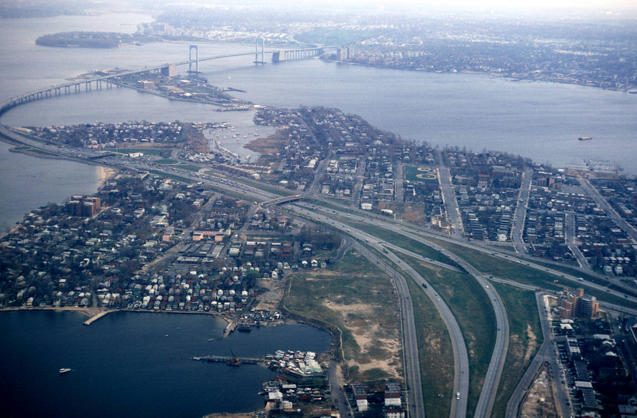 An Aerial View Of The Throgs Neck Bridge And The East River, 1972.