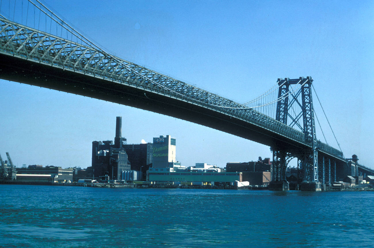 A View Of The Williamsburg Bridge And The Domino Sugar Factory In Brooklyn, 1969.