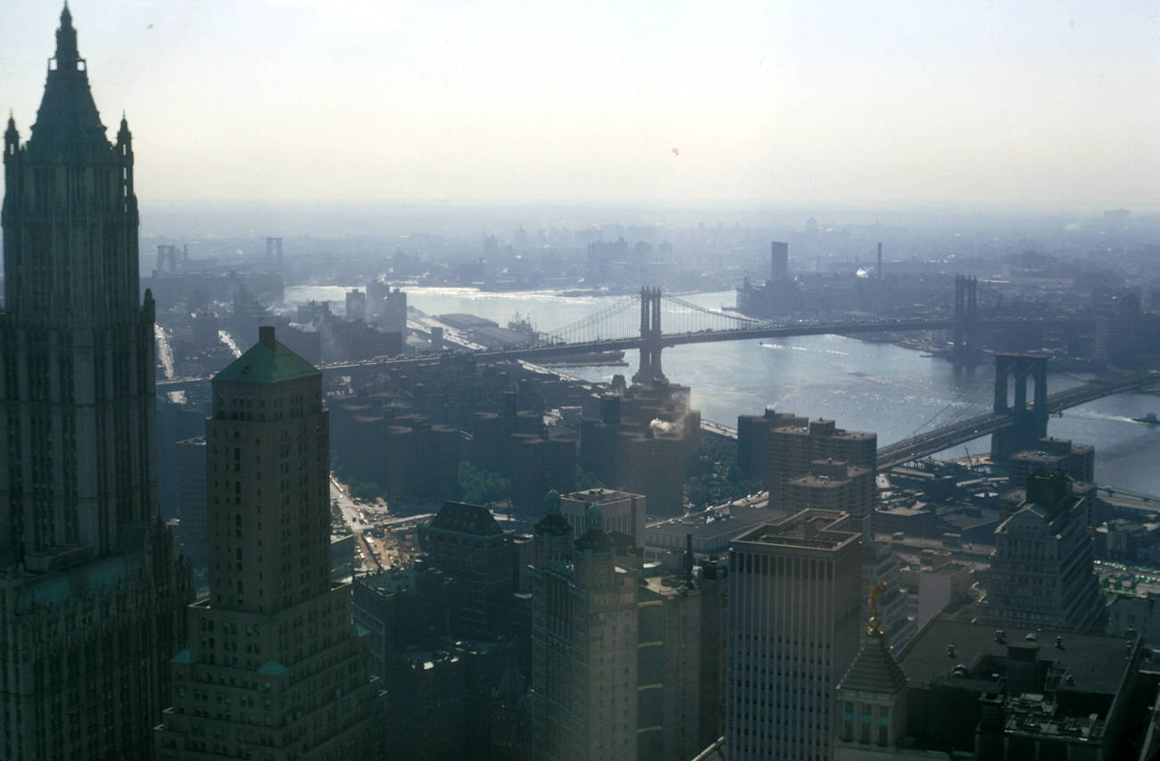 East Of The Woolworth Building, The Brooklyn And Manhattan Bridges, 1973.