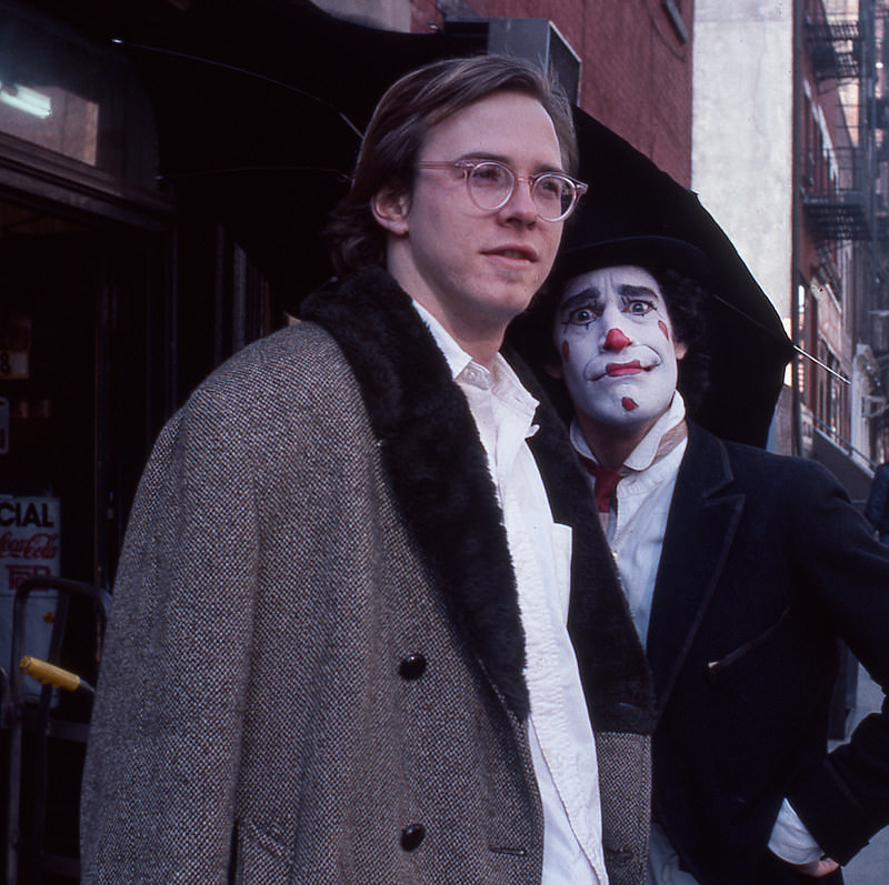 A clown in the street, Manhattan, 1978.