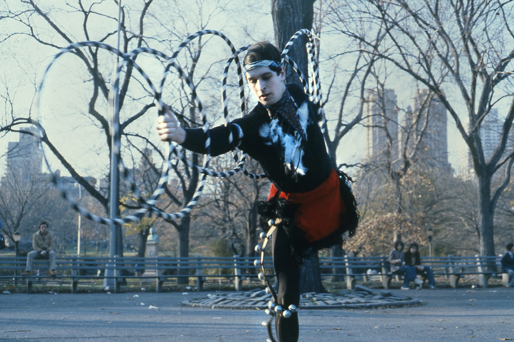 An equilibrist in Central Park, Central Park, Manhattan, 1978.
