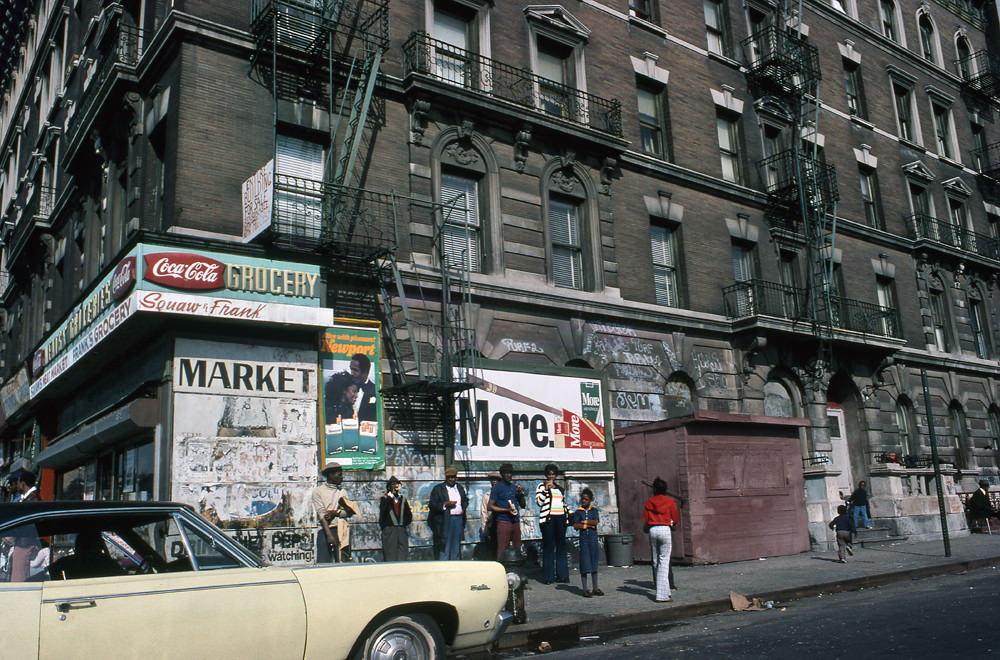 Groceries in Harlem, Manhattan, 1977.