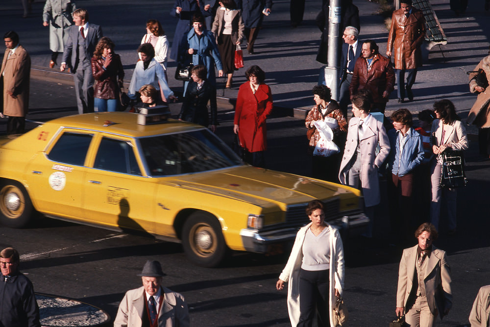 Rush hour in the Financial District, Manhattan, 1978.