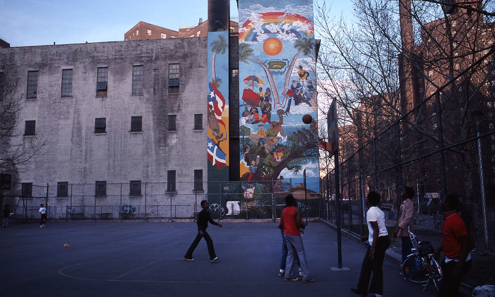Boys playing basketball, Manhattan, 1978.