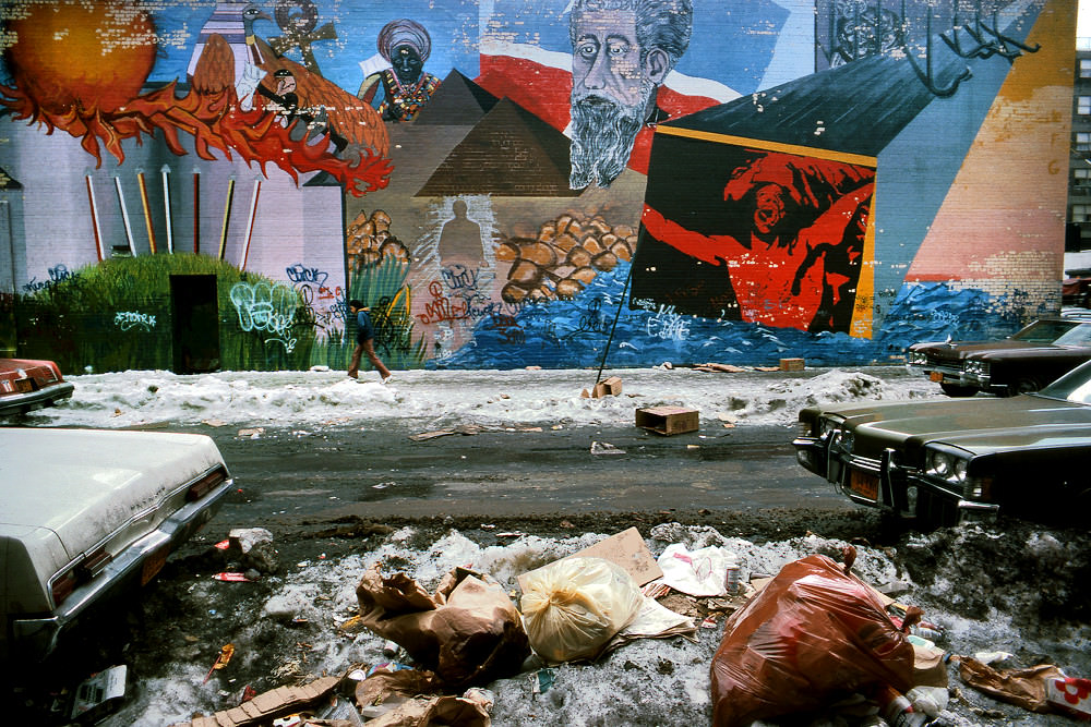 A snowy street and paintings, Lower Manhattan, 1978.