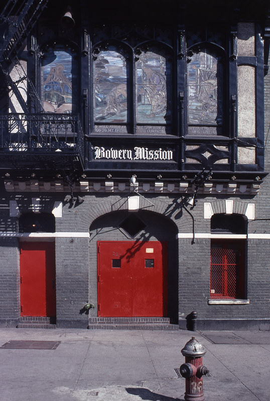 The Bowery Mission building, located at 227 Bowery, between Rivington and Stanton Streets, Manhattan. It provides food, shelter, medical services, and employment assistance to poor homeless men, 1978.