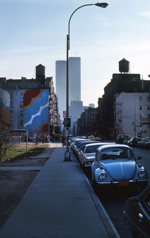 Twin Towers and light, LaGuardia Place looking south towards Houston Street / West Broadway. Downtown Manhattan, 1978.
