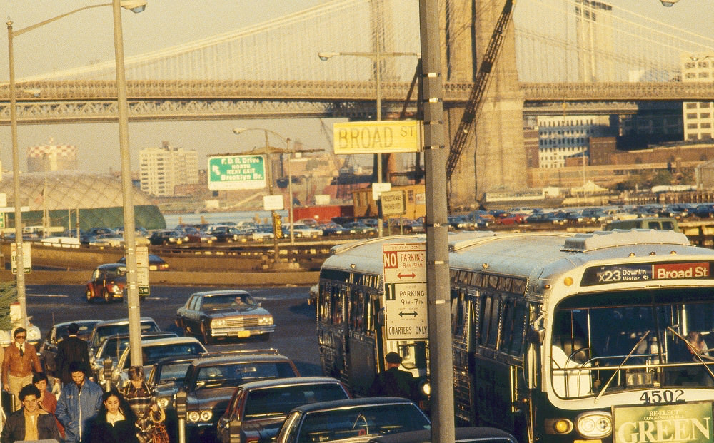 Evening lights on Broad Street, Downtown Manhattan, 1978.