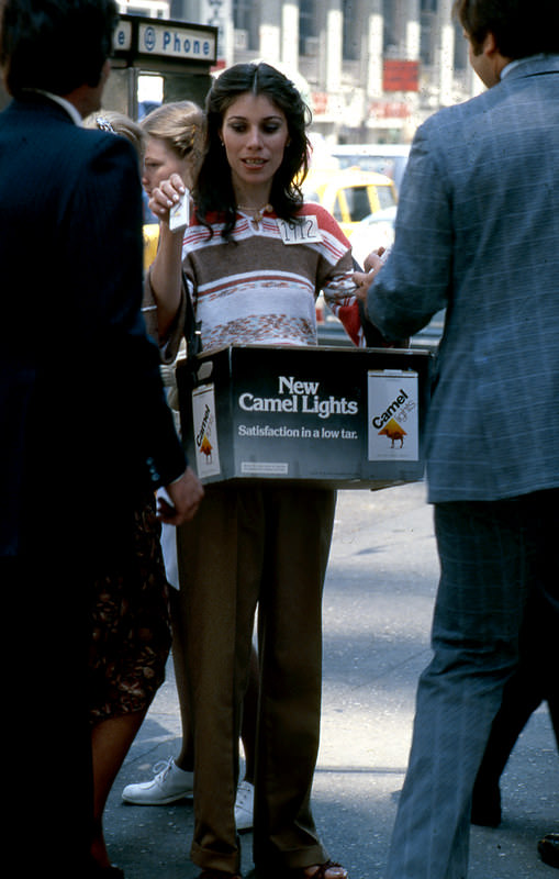 A girl promoting "New Camel Light" in Manhattan, 1978.