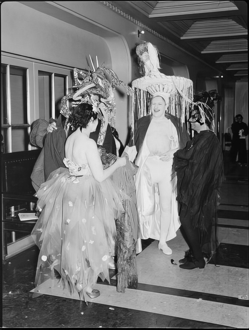 People in elaborate costumes and headpieces talking in a hallway, 1951.