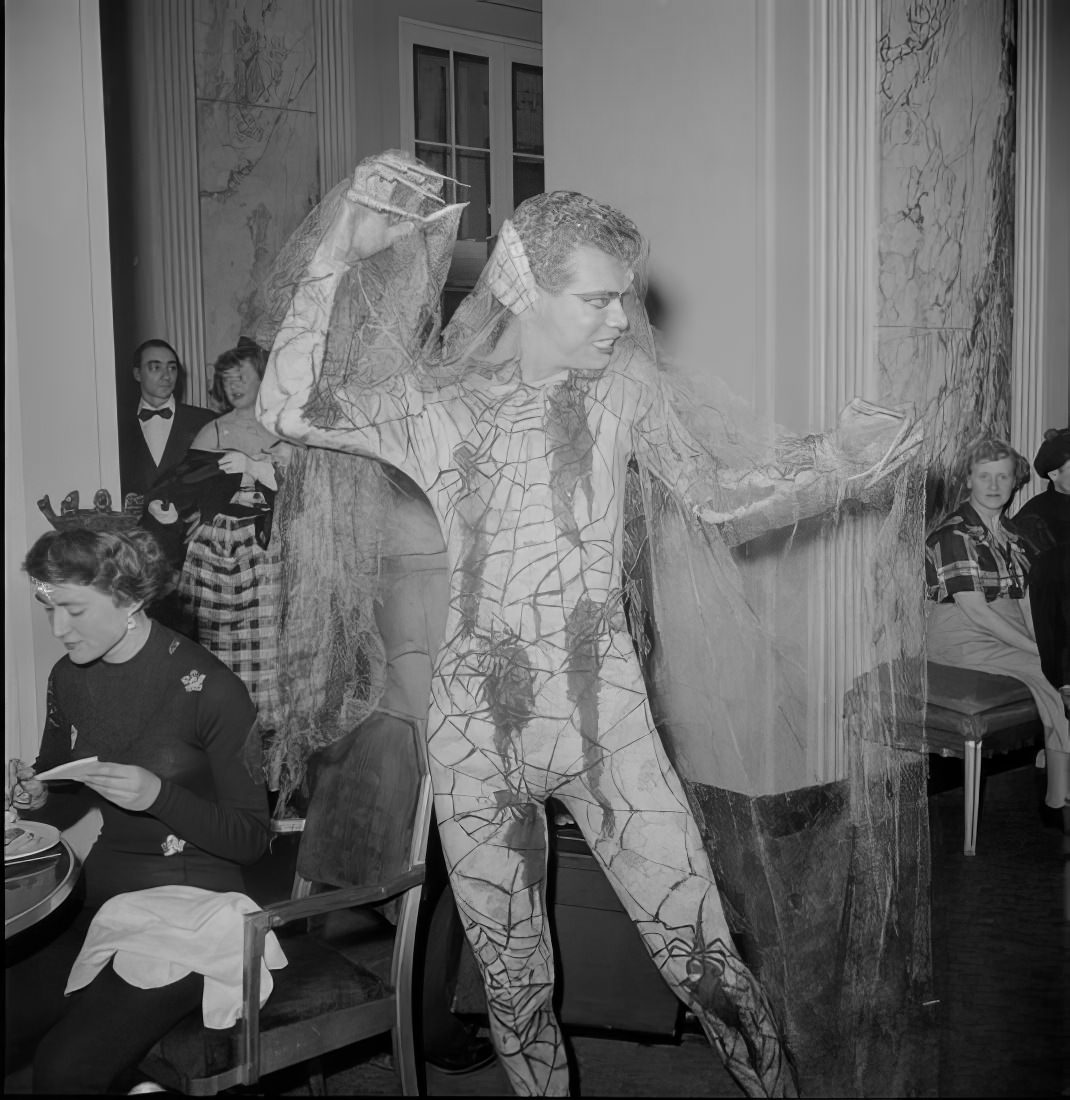 A ball guest in an elaborate costume, 1951.