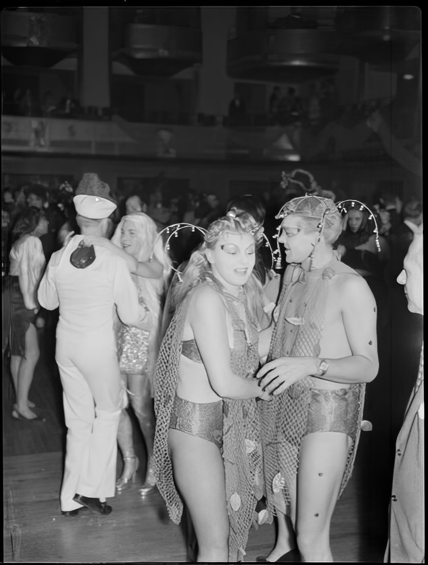 A costumed couple dancing, 1951.