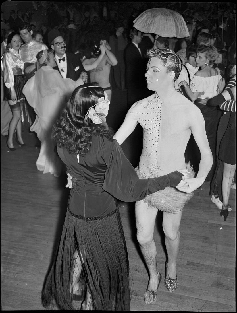 A costumed couple dancing, 1951.