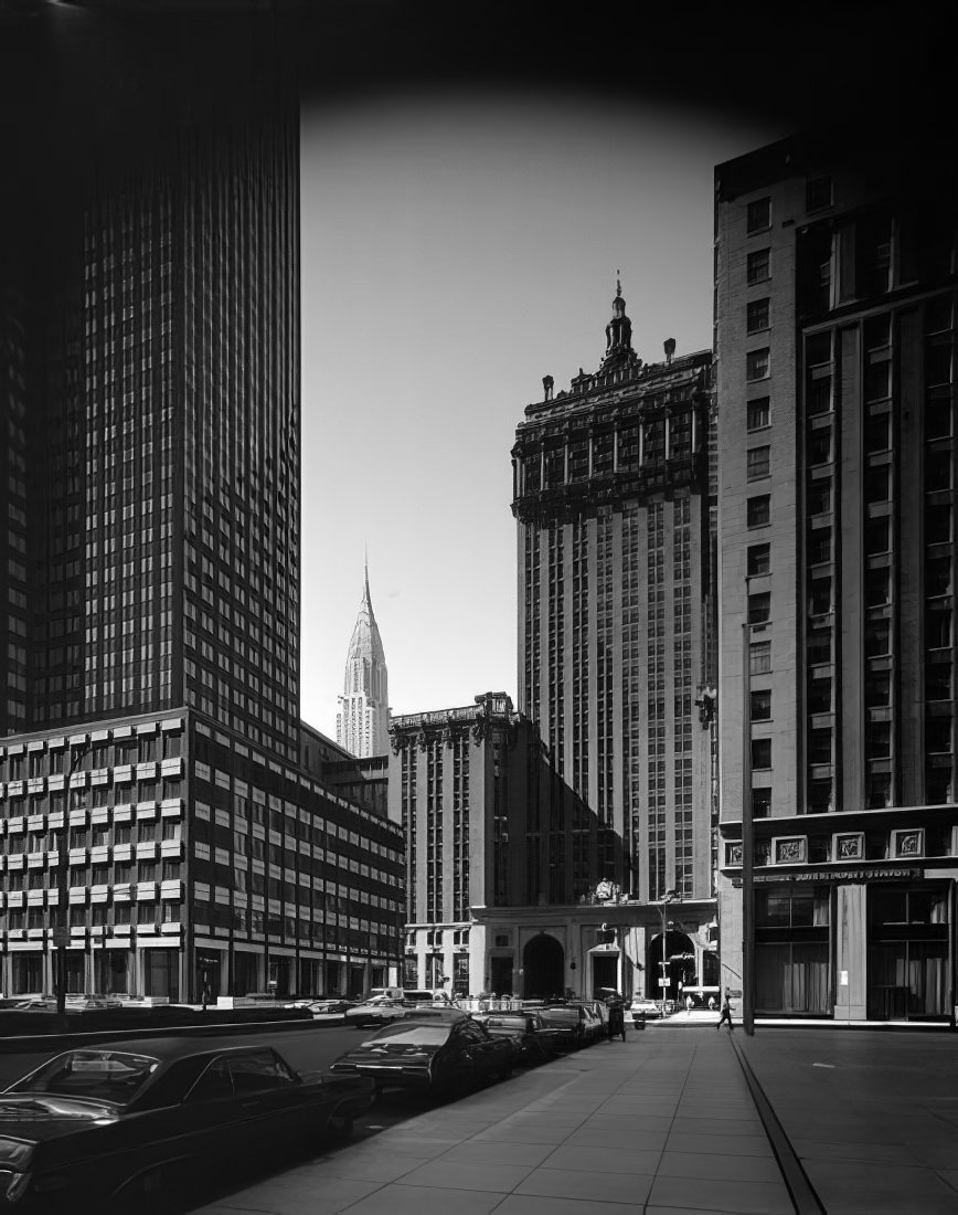 Looking south on Park Avenue toward the Helmsley and Chrysler Buildings, 1975.