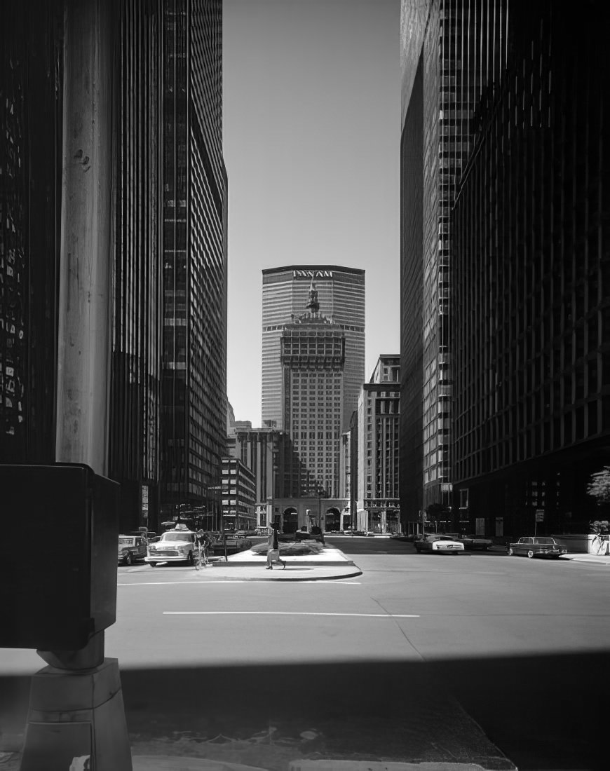 Looking south on Park Avenue toward the Helmsley and Pan Am Buildings, 1975.